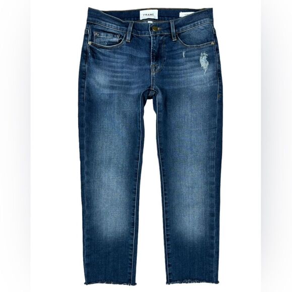 Frame Denim Le Garcon Azure Rolled Raw Hem Cropped Denim Jeans - Picture 1 of 5